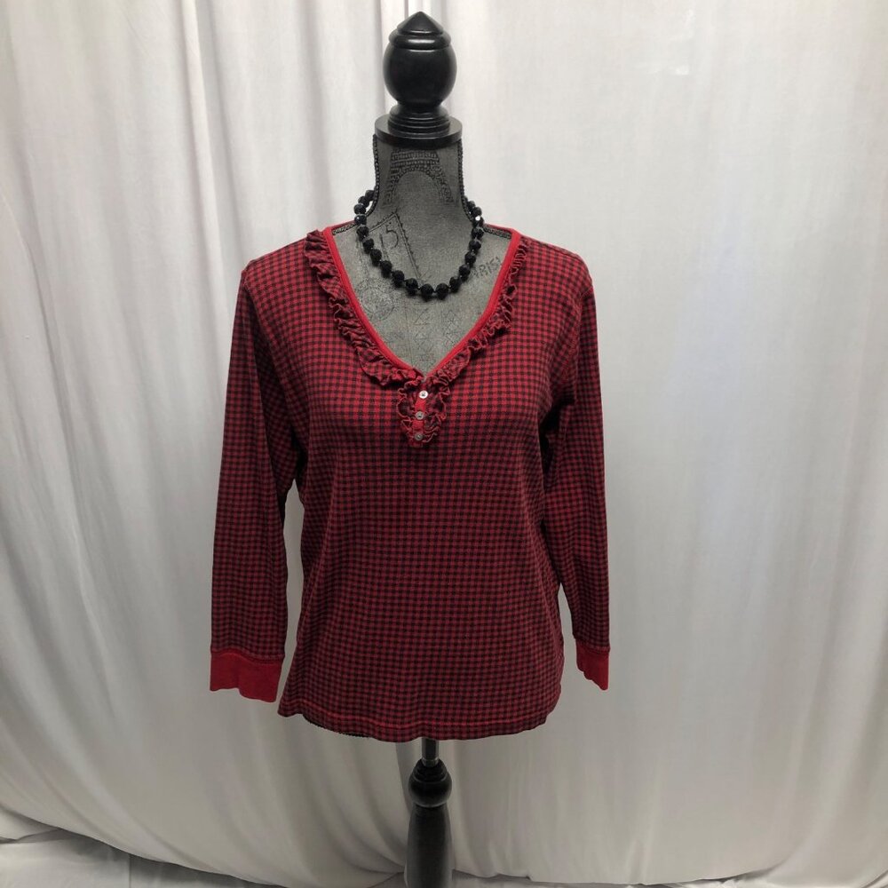 Chaps Womens Top Sz 1X Red Black Houndstooth Long Sleeve Ruffled V-Neck Pullover